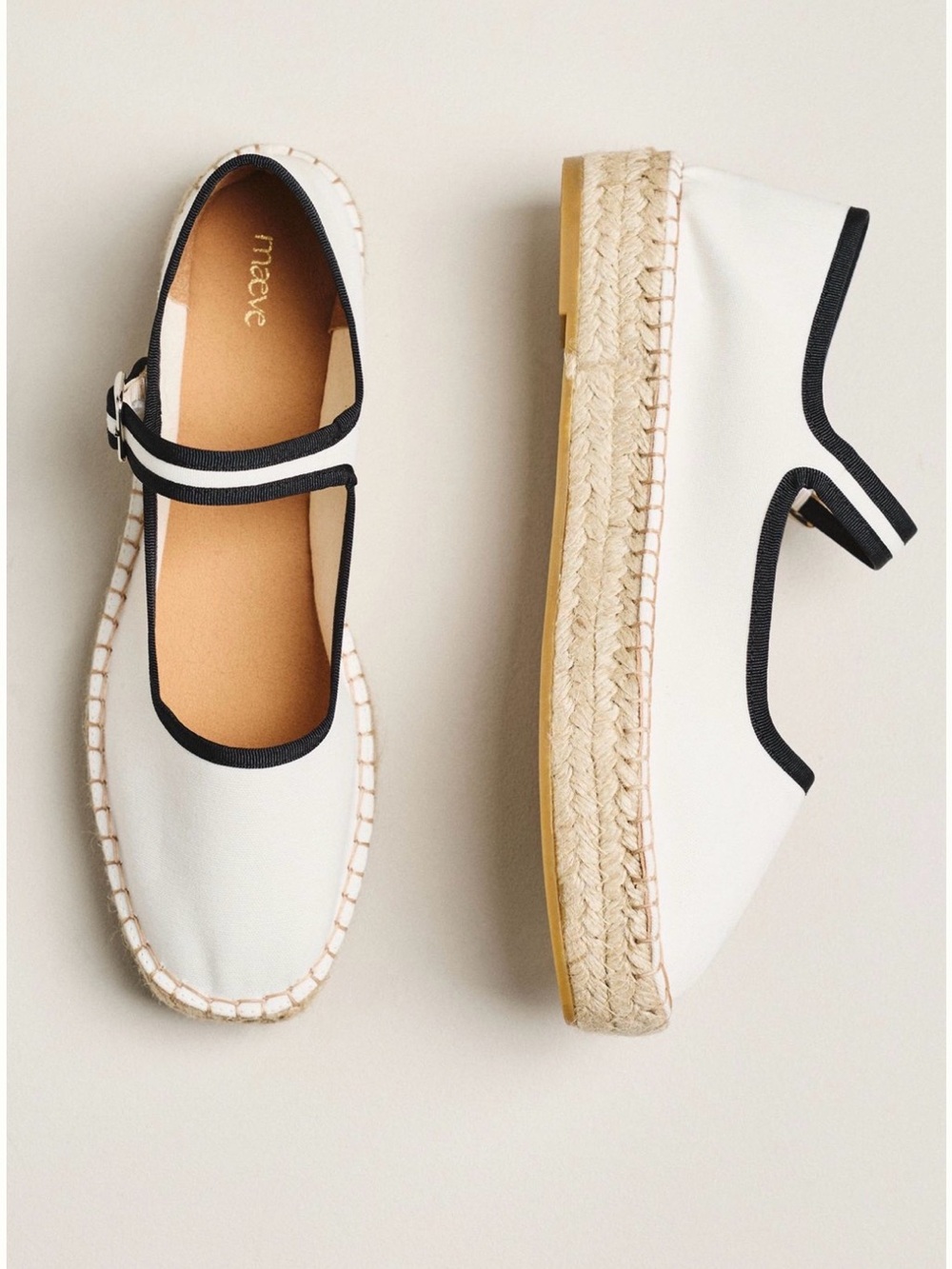 Maeve Cream Espadrille Mary Jane Flats with Black Trim - Picture 2 of 8